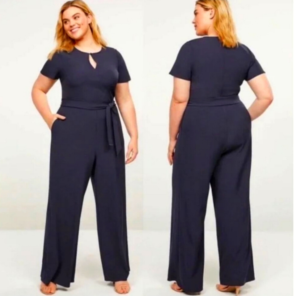 Lane Bryant Lena Faux Wrap Keyhole Blouson Wide Leg Jumpsuit Navy Blue
